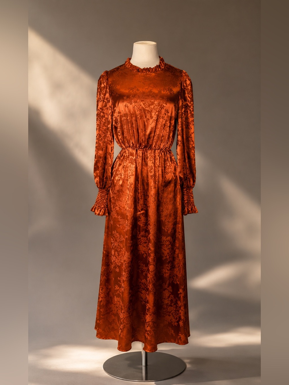 Rust Satin Jacquard Midi Dress Puff Sleeve Mock Neck Cottagecore Boho - Picture 3 of 14